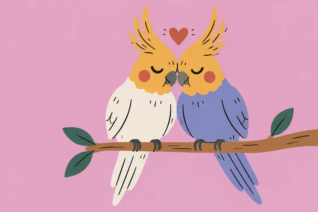 Illustration of two cockatiels close together on a branch, with a heart between them