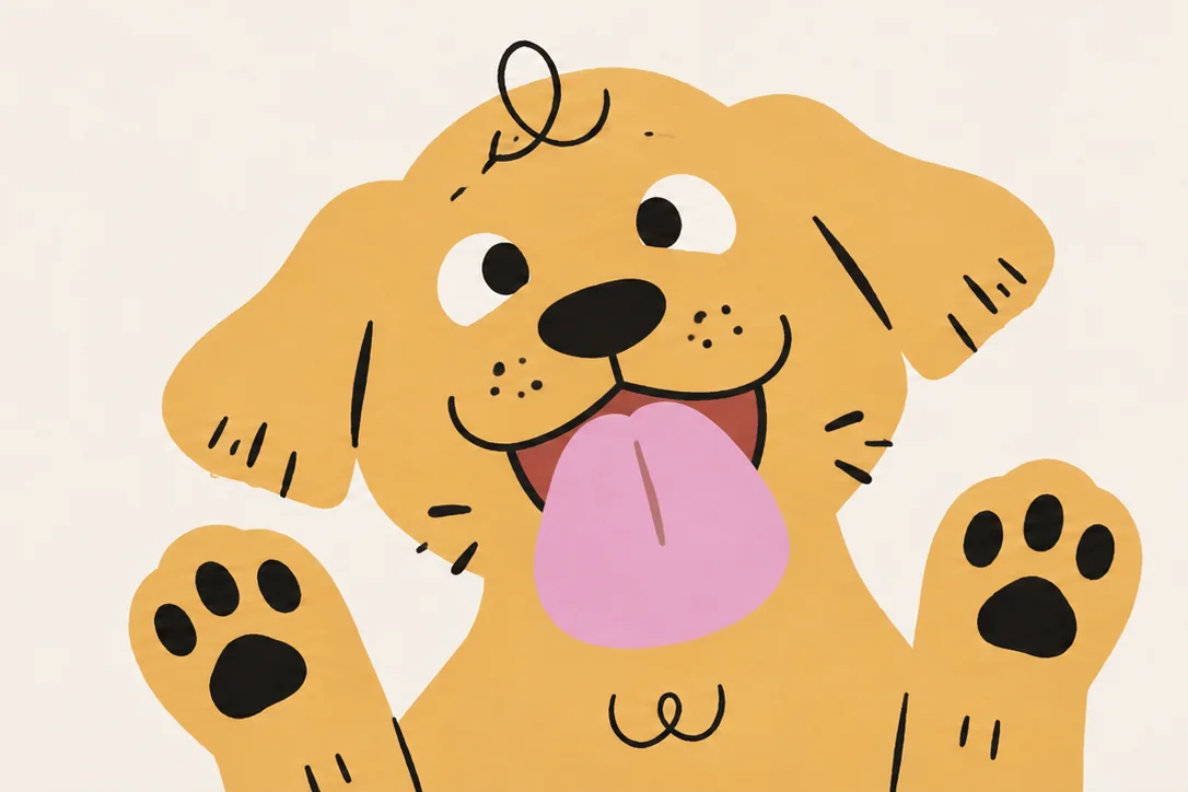 Illustration of a yellow dog with its tongue out and paws up, as if licking the screen