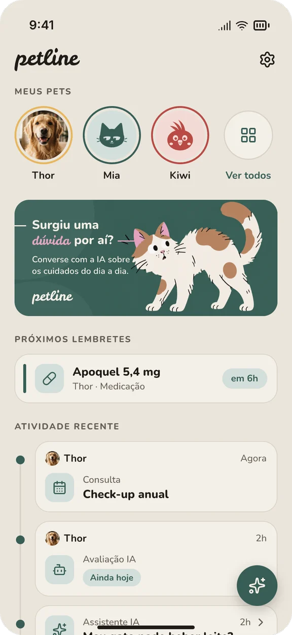 Petline home screen: my pets, a brand banner, upcoming reminders and recent activity