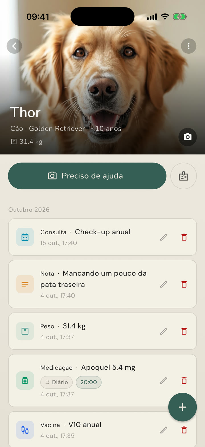 Linha do tempo do Thor no Petline: consulta, nota, peso, medicação e vacina