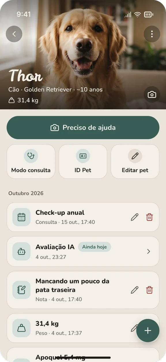 Thor's screen in Petline: photo, the I need help button, shortcuts and the timeline with a vet visit, an AI check and a note
